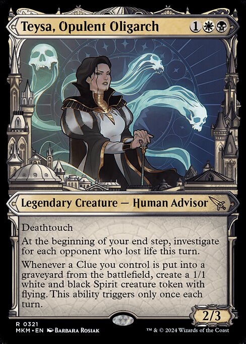 Deathtouch
At the beginning of your end step, investigate for each opponent who lost life this turn.
Whenever a Clue you control is put into a graveyard from the battlefield, create a 1/1 white and black Spirit creature token with flying. This ability triggers only once each turn.