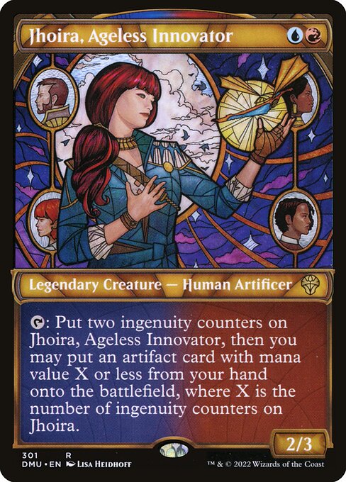 {T}: Put two ingenuity counters on Jhoira, Ageless Innovator, then you may put an artifact card with mana value X or less from your hand onto the battlefield, where X is the number of ingenuity counters on Jhoira.