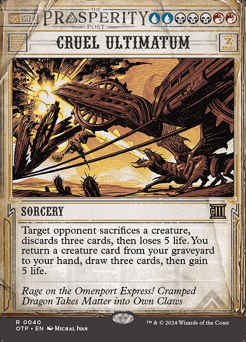 Target opponent sacrifices a creature, discards three cards, then loses 5 life. You return a creature card from your graveyard to your hand, draw three cards, then gain 5 life.