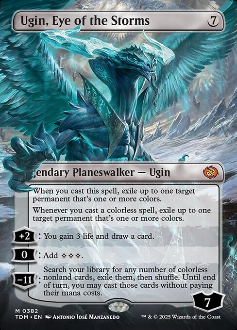 When you cast this spell, exile up to one target permanent that's one or more colors.
Whenever you cast a colorless spell, exile up to one target permanent that's one or more colors.
+2: You gain 3 life and draw a card.
0: Add {C}{C}{C}.
−11: Search your library for any number of colorless nonland cards, exile them, then shuffle. Until end of turn, you may cast those cards without paying their mana costs.   When you cast this spell, exile up to one target permanent that's one or more colors.
Whe