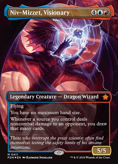 Flying
You have no maximum hand size.
Whenever a source you control deals noncombat damage to an opponent, you draw that many cards.