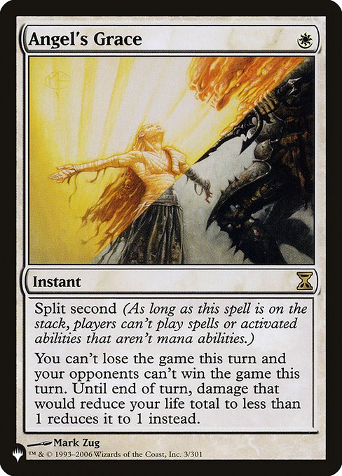 Split second (As long as this spell is on the stack, players can't cast spells or activate abilities that aren't mana abilities.)
You can't lose the game this turn and your opponents can't win the game this turn. Until end of turn, damage that would reduce your life total to less than 1 reduces it to 1 instead.
