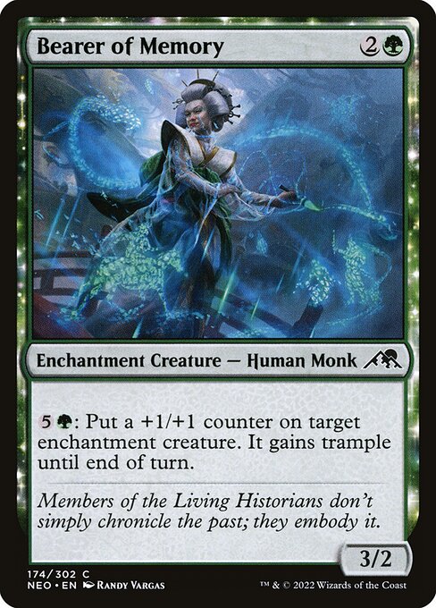 {5}{G}: Put a +1/+1 counter on target enchantment creature. It gains trample until end of turn.