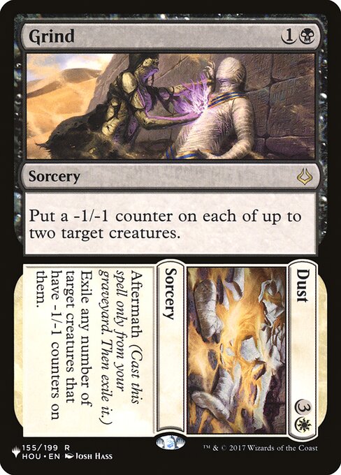 Put a -1/-1 counter on each of up to two target creatures.   Aftermath (Cast this spell only from your graveyard. Then exile it.)
Exile any number of target creatures that have -1/-1 counters on them.