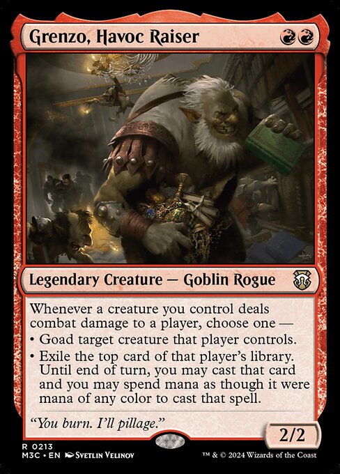 Whenever a creature you control deals combat damage to a player, choose one —
• Goad target creature that player controls.
• Exile the top card of that player's library. Until end of turn, you may cast that card and you may spend mana as though it were mana of any color to cast that spell.