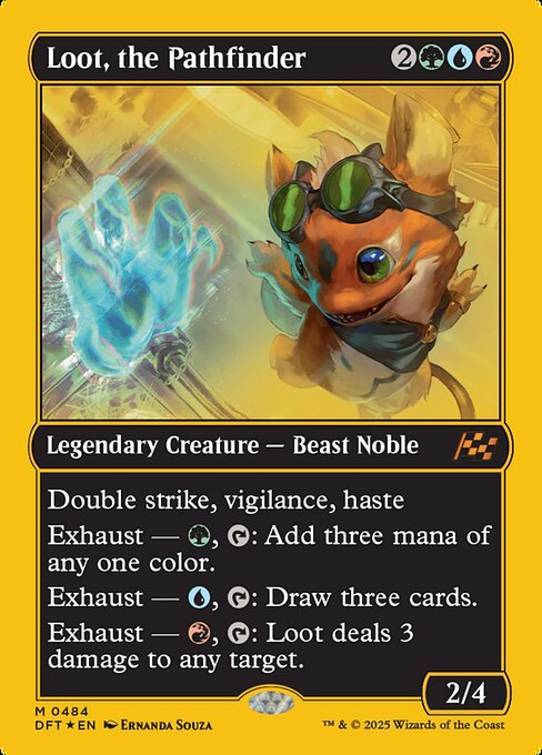 Double strike, vigilance, haste
Exhaust — {G}, {T}: Add three mana of any one color. (Activate each exhaust ability only once.)
Exhaust — {U}, {T}: Draw three cards.
Exhaust — {R}, {T}: Loot deals 3 damage to any target.