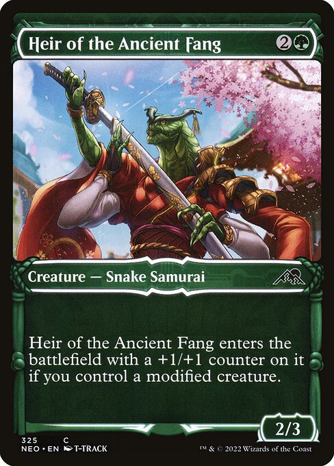 Heir of the Ancient Fang enters the battlefield with a +1/+1 counter on it if you control a modified creature. (Equipment, Auras you control, and counters are modifications.)