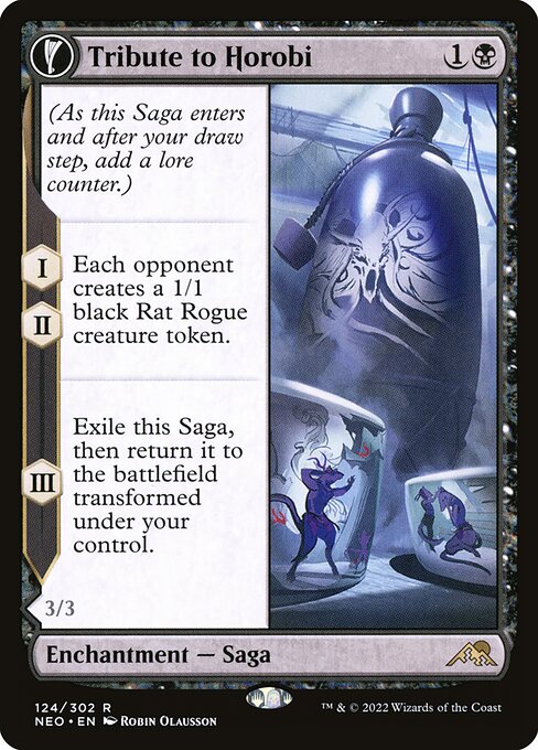 (As this Saga enters and after your draw step, add a lore counter.)
I, II — Each opponent creates a 1/1 black Rat Rogue creature token.
III — Exile this Saga, then return it to the battlefield transformed under your control.   Flying, haste
When Echo of Death's Wail enters the battlefield, gain control of all Rat tokens.
Whenever Echo of Death's Wail attacks, you may sacrifice another creature. If you do, draw a card.