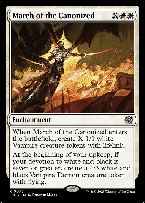 When this enchantment enters, create X 1/1 white Vampire creature tokens with lifelink.
At the beginning of your upkeep, if your devotion to white and black is seven or greater, create a 4/3 white and black Vampire Demon creature token with flying.