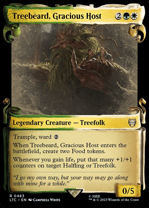 Trample, ward {2}
When Treebeard, Gracious Host enters the battlefield, create two Food tokens.
Whenever you gain life, put that many +1/+1 counters on target Halfling or Treefolk.