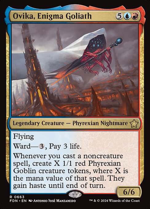 Flying
Ward—{3}, Pay 3 life.
Whenever you cast a noncreature spell, create X 1/1 red Phyrexian Goblin creature tokens, where X is the mana value of that spell. They gain haste until end of turn.