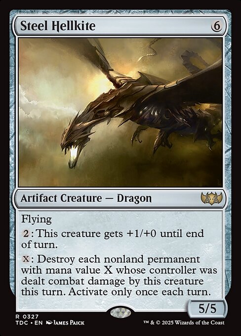 Flying
{2}: This creature gets +1/+0 until end of turn.
{X}: Destroy each nonland permanent with mana value X whose controller was dealt combat damage by this creature this turn. Activate only once each turn.