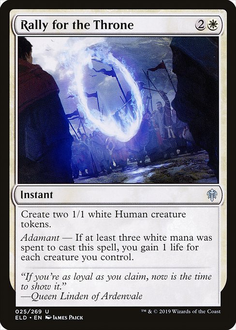 Create two 1/1 white Human creature tokens.
Adamant — If at least three white mana was spent to cast this spell, you gain 1 life for each creature you control.