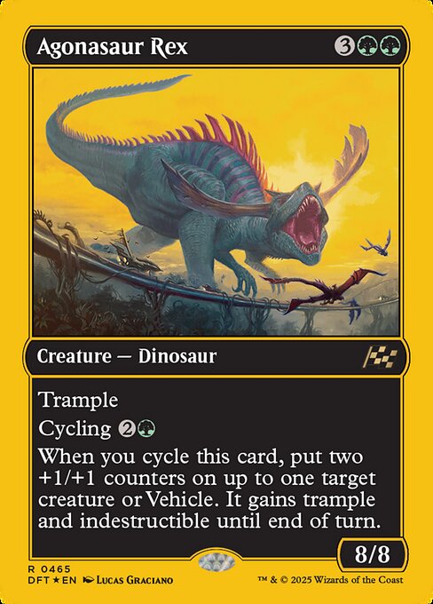 Trample
Cycling {2}{G} ({2}{G}, Discard this card: Draw a card.)
When you cycle this card, put two +1/+1 counters on up to one target creature or Vehicle. It gains trample and indestructible until end of turn.