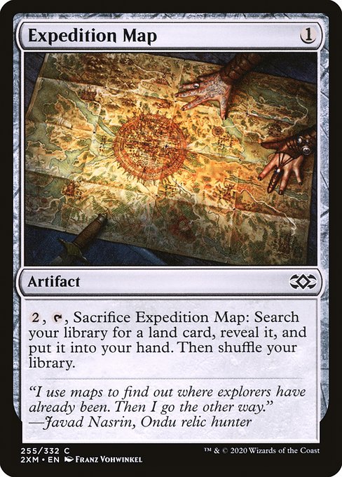 {2}, {T}, Sacrifice Expedition Map: Search your library for a land card, reveal it, put it into your hand, then shuffle.