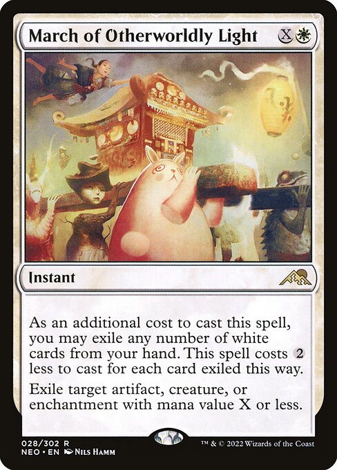 As an additional cost to cast this spell, you may exile any number of white cards from your hand. This spell costs {2} less to cast for each card exiled this way.
Exile target artifact, creature, or enchantment with mana value X or less.