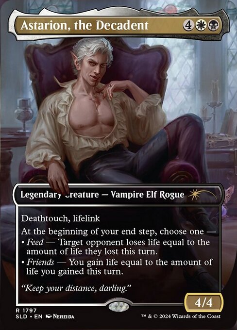 Deathtouch, lifelink
At the beginning of your end step, choose one —
• Feed — Target opponent loses life equal to the amount of life they lost this turn.
• Friends — You gain life equal to the amount of life you gained this turn.