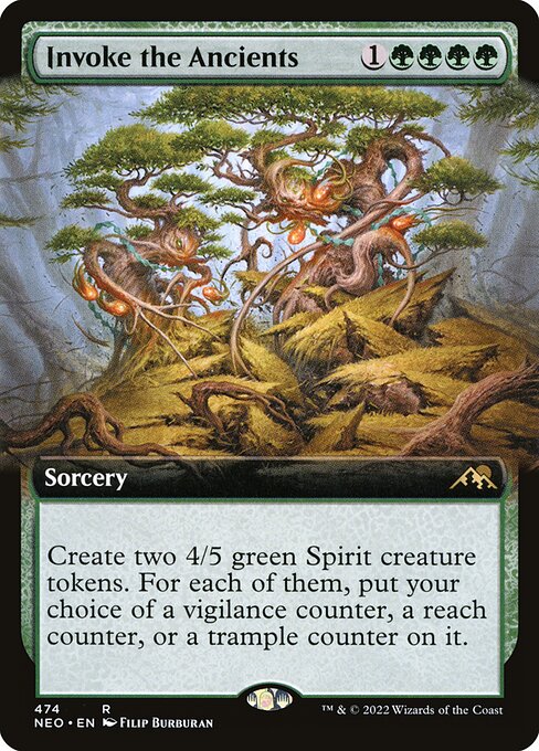 Create two 4/5 green Spirit creature tokens. For each of them, put your choice of a vigilance counter, a reach counter, or a trample counter on it.