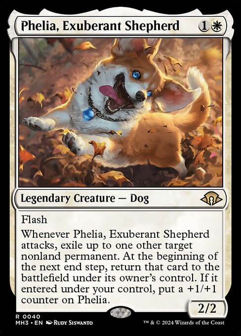 Flash
Whenever Phelia, Exuberant Shepherd attacks, exile up to one other target nonland permanent. At the beginning of the next end step, return that card to the battlefield under its owner's control. If it entered under your control, put a +1/+1 counter on Phelia.