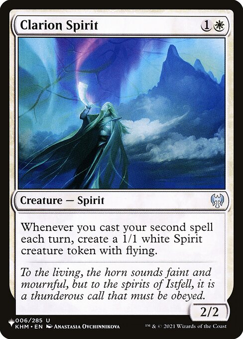 Whenever you cast your second spell each turn, create a 1/1 white Spirit creature token with flying.