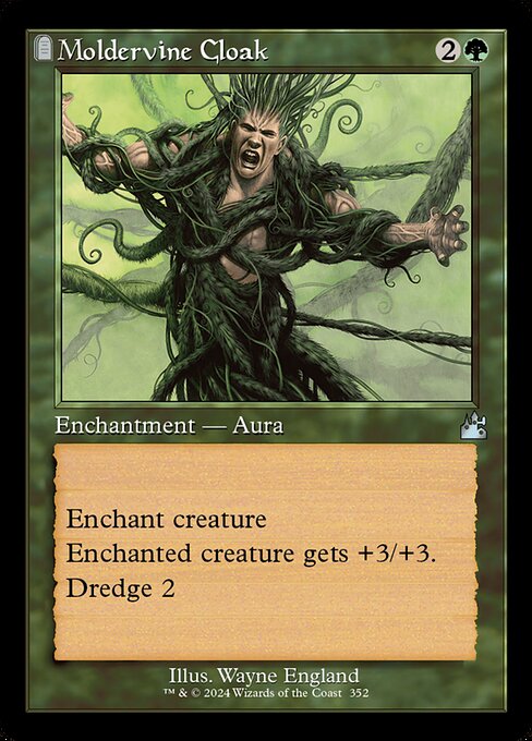 Enchant creature
Enchanted creature gets +3/+3.
Dredge 2 (If you would draw a card, you may mill two cards instead. If you do, return this card from your graveyard to your hand.)
