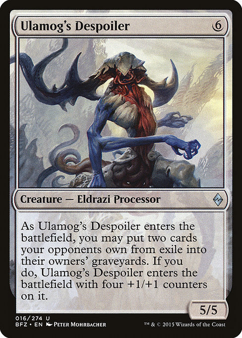 As Ulamog's Despoiler enters the battlefield, you may put two cards your opponents own from exile into their owners' graveyards. If you do, Ulamog's Despoiler enters the battlefield with four +1/+1 counters on it.