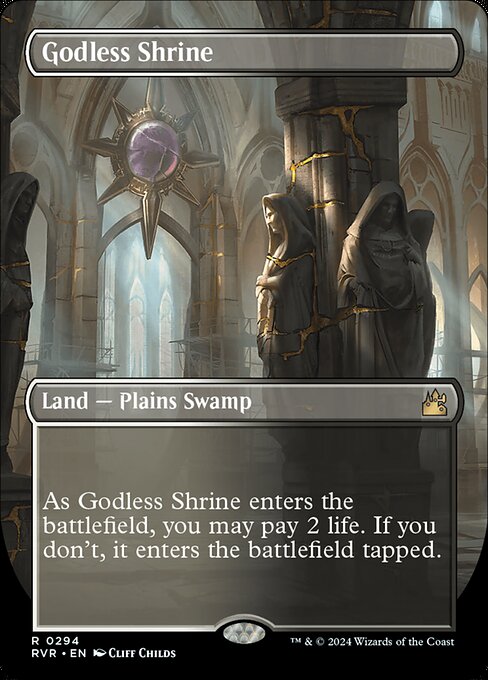 ({T}: Add {W} or {B}.)
As Godless Shrine enters the battlefield, you may pay 2 life. If you don't, it enters the battlefield tapped.