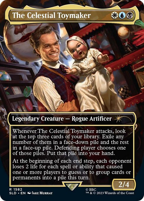 Whenever The Celestial Toymaker attacks, look at the top three cards of your library. Exile any number of them in a face-down pile and the rest in a face-up pile. Defending player chooses one of those piles. Put that pile into your hand.
At the beginning of each end step, each opponent loses 2 life for each spell or ability that caused one or more players to guess or to group cards or permanents into a pile this turn.