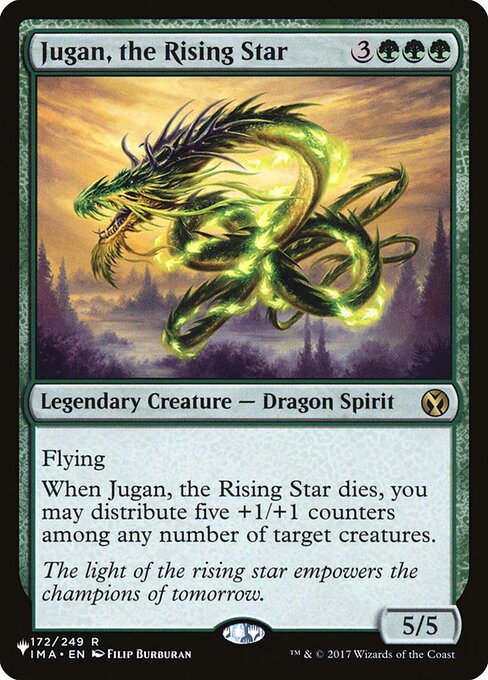 Flying
When Jugan, the Rising Star dies, you may distribute five +1/+1 counters among any number of target creatures.