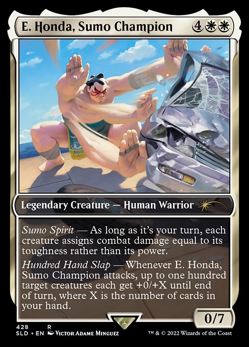 As long as it's your turn, each creature assigns combat damage equal to its toughness rather than its power.
Whenever Baldin, Century Herdmaster attacks, up to one hundred target creatures each get +0/+X until end of turn, where X is the number of cards in your hand.