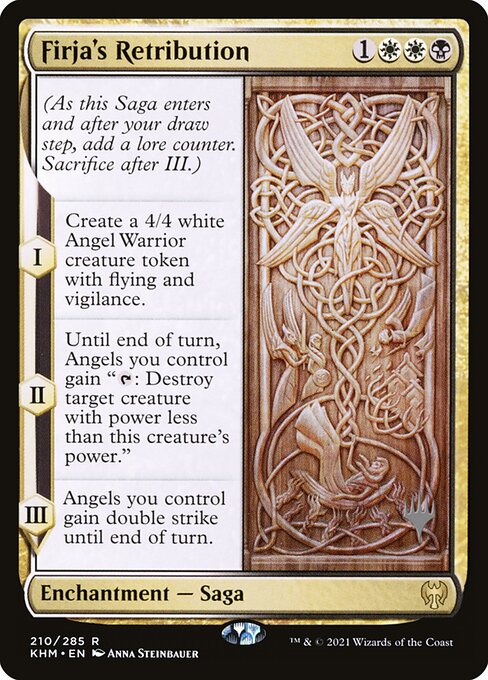 (As this Saga enters and after your draw step, add a lore counter. Sacrifice after III.)
I — Create a 4/4 white Angel Warrior creature token with flying and vigilance.
II — Until end of turn, Angels you control gain "{T}: Destroy target creature with power less than this creature's power."
III — Angels you control gain double strike until end of turn.