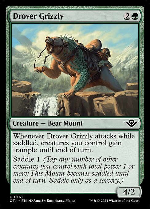 Whenever Drover Grizzly attacks while saddled, creatures you control gain trample until end of turn.
Saddle 1 (Tap any number of other creatures you control with total power 1 or more: This Mount becomes saddled until end of turn. Saddle only as a sorcery.)