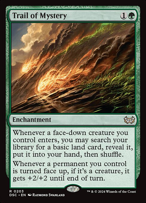 Whenever a face-down creature you control enters, you may search your library for a basic land card, reveal it, put it into your hand, then shuffle.
Whenever a permanent you control is turned face up, if it's a creature, it gets +2/+2 until end of turn.