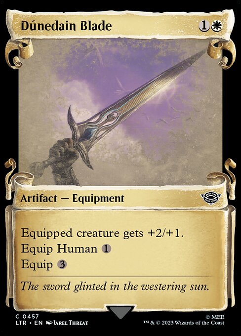 Equipped creature gets +2/+1.
Equip Human {1}
Equip {3} ({3}: Attach to target creature you control. Equip only as a sorcery.)