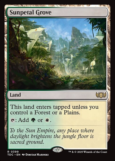 This land enters tapped unless you control a Forest or a Plains.
{T}: Add {G} or {W}.