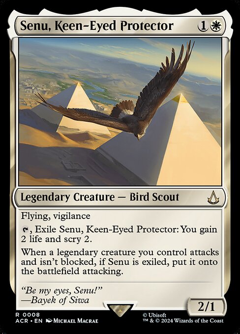 Flying, vigilance
{T}, Exile Senu, Keen-Eyed Protector: You gain 2 life and scry 2.
When a legendary creature you control attacks and isn't blocked, if Senu is exiled, put it onto the battlefield attacking.