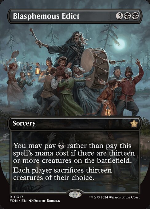 You may pay {B} rather than pay this spell's mana cost if there are thirteen or more creatures on the battlefield.
Each player sacrifices thirteen creatures of their choice.