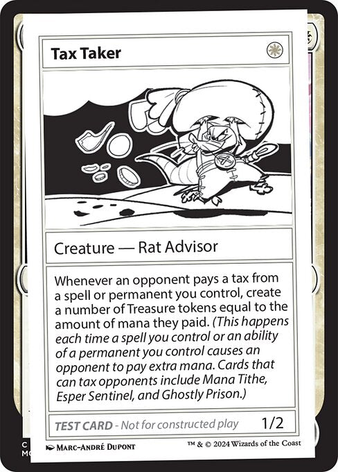 Whenever an opponent pays a tax from a spell or permanent you control, create a number of Treasure tokens equal to the amount of mana they paid. (This happens each time a spell you control or an ability of a permanent you control causes an opponent to pay extra mana. Cards that can tax opponents include Mana Tithe, Esper Sentinel, and Ghostly Prison.)