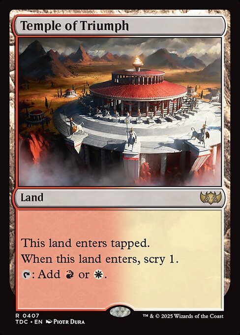This land enters tapped.
When this land enters, scry 1. (Look at the top card of your library. You may put that card on the bottom.)
{T}: Add {R} or {W}.