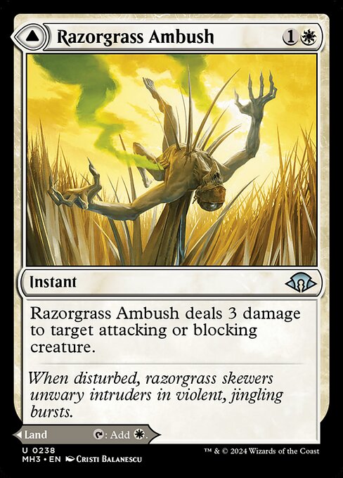 Razorgrass Ambush deals 3 damage to target attacking or blocking creature.   As Razorgrass Field enters the battlefield, you may pay 3 life. If you don't, it enters the battlefield tapped.
{T}: Add {W}.