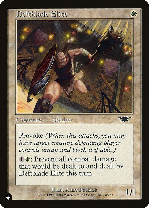 Provoke (Whenever this creature attacks, you may have target creature defending player controls untap and block it if able.)
{1}{W}: Prevent all combat damage that would be dealt to and dealt by Deftblade Elite this turn.
