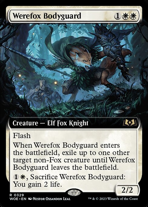 Flash
When Werefox Bodyguard enters the battlefield, exile up to one other target non-Fox creature until Werefox Bodyguard leaves the battlefield.
{1}{W}, Sacrifice Werefox Bodyguard: You gain 2 life.