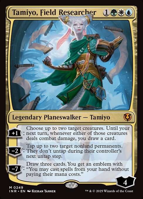 +1: Choose up to two target creatures. Until your next turn, whenever either of those creatures deals combat damage, you draw a card.
−2: Tap up to two target nonland permanents. They don't untap during their controller's next untap step.
−7: Draw three cards. You get an emblem with "You may cast spells from your hand without paying their mana costs."