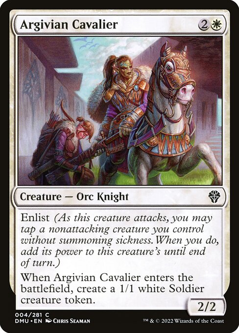 Enlist (As this creature attacks, you may tap a nonattacking creature you control without summoning sickness. When you do, add its power to this creature's until end of turn.)
When Argivian Cavalier enters the battlefield, create a 1/1 white Soldier creature token.