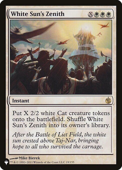 Create X 2/2 white Cat creature tokens. Shuffle White Sun's Zenith into its owner's library.