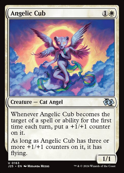 Whenever Angelic Cub becomes the target of a spell or ability for the first time each turn, put a +1/+1 counter on it.
As long as Angelic Cub has three or more +1/+1 counters on it, it has flying.