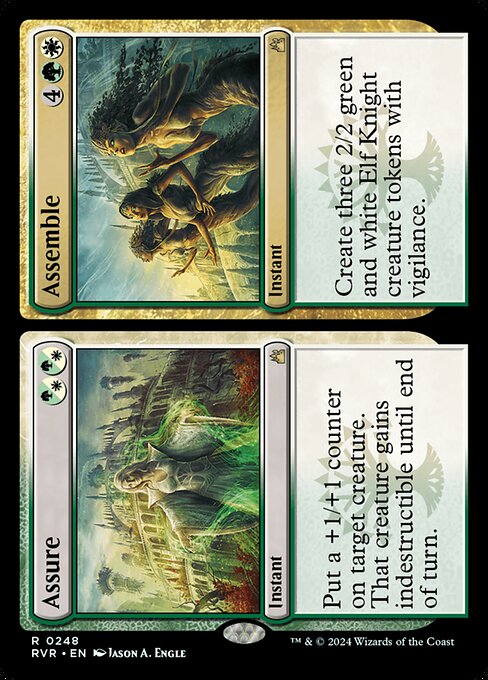 Put a +1/+1 counter on target creature. That creature gains indestructible until end of turn.   Create three 2/2 green and white Elf Knight creature tokens with vigilance.
