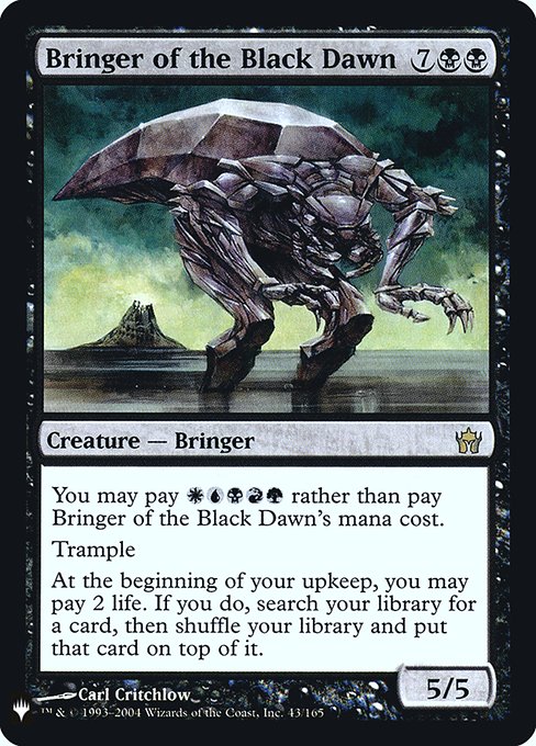 You may pay {W}{U}{B}{R}{G} rather than pay this spell's mana cost.
Trample
At the beginning of your upkeep, you may pay 2 life. If you do, search your library for a card, then shuffle and put that card on top.