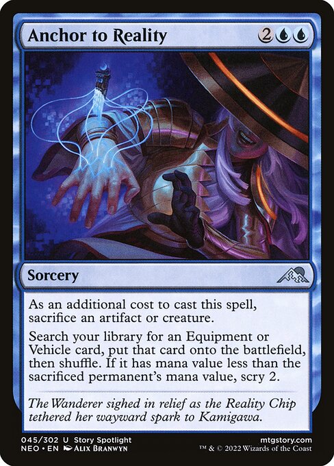 As an additional cost to cast this spell, sacrifice an artifact or creature.
Search your library for an Equipment or Vehicle card, put that card onto the battlefield, then shuffle. If it has mana value less than the sacrificed permanent's mana value, scry 2.