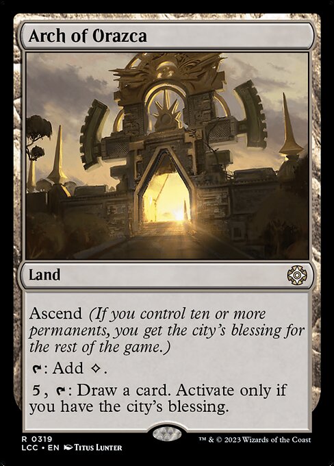 Ascend (If you control ten or more permanents, you get the city's blessing for the rest of the game.)
{T}: Add {C}.
{5}, {T}: Draw a card. Activate only if you have the city's blessing.